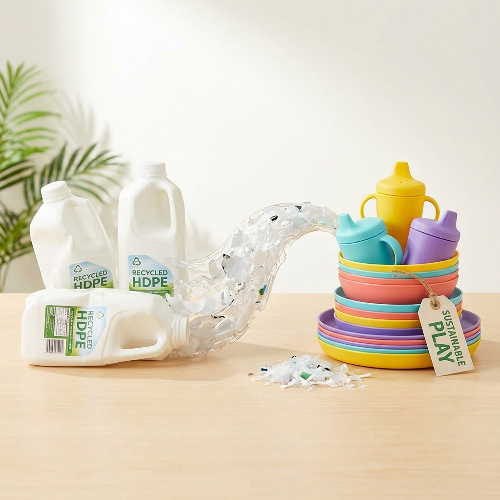 Bidones de leche reciclados transformándose en platos y vasos infantiles de colores