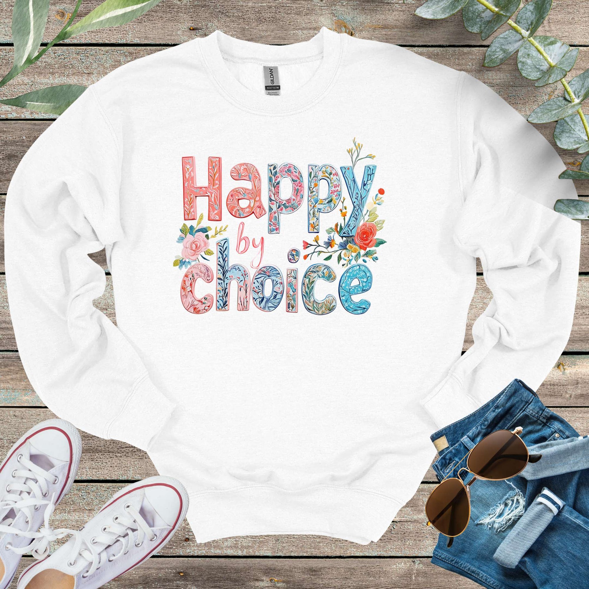 Printify Sweatshirt S / White Happy By Choice Unisex Sweatshirt