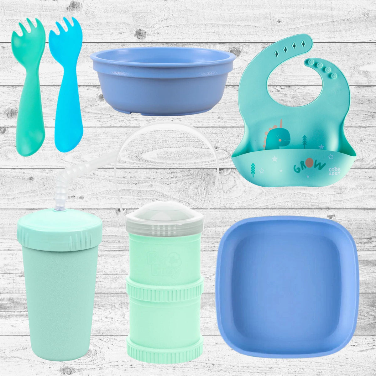 ReplayRecycled Set Alimento Denim/ Vaso Bombilla Set Comida 7 Piezas