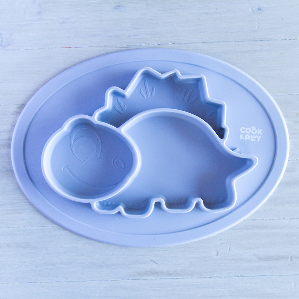 Cook&amp;Play Plato Dinosaurio Gris StickyMat- Plato con Succión